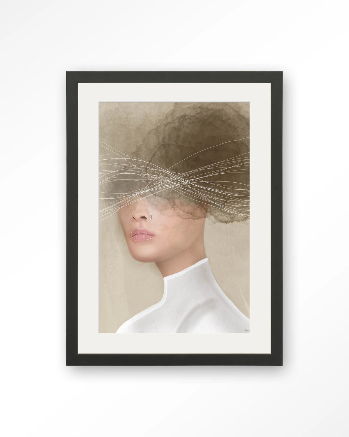 Mood cloud – vrouw met lijntekening in beige – Art print – Hout zwart + passe-partout