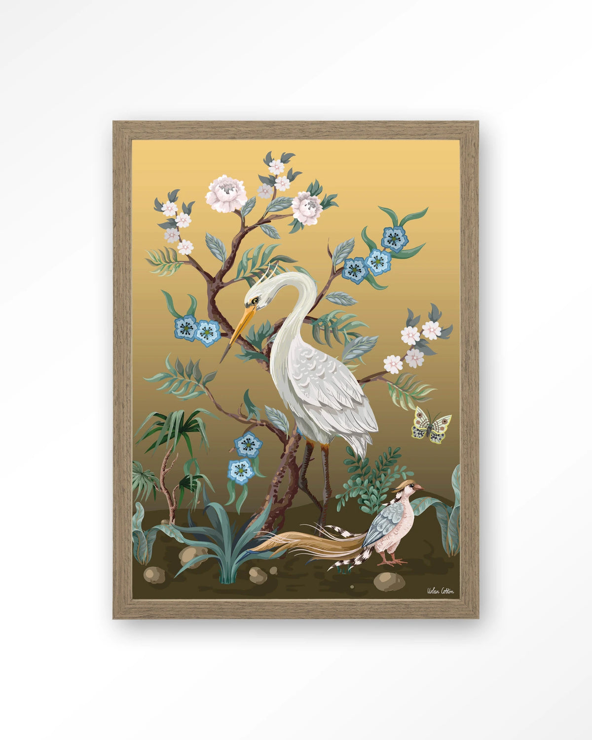 Birds – reiger en fazant in chinoiserie-stijl – Art print – Hout bruin