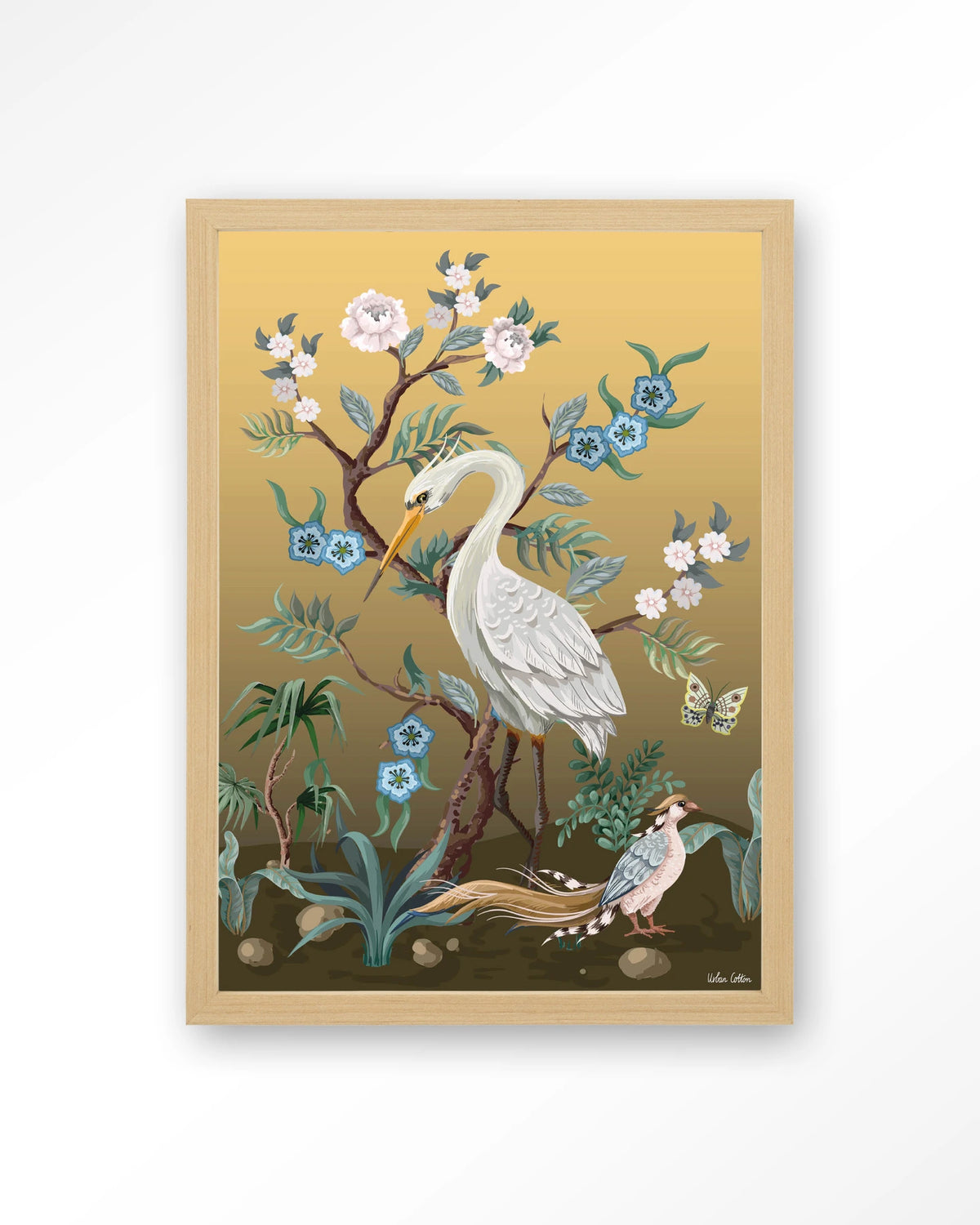Birds – reiger en fazant in chinoiserie-stijl – Art print – Hout naturel