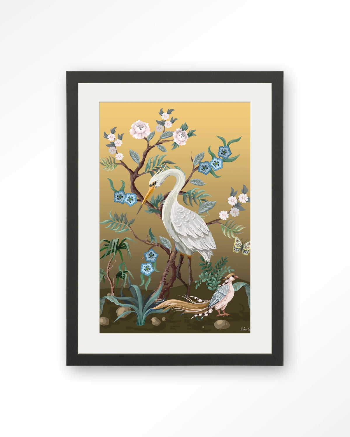 Birds – reiger en fazant in chinoiserie-stijl – Art print – Hout zwart + passe-partout