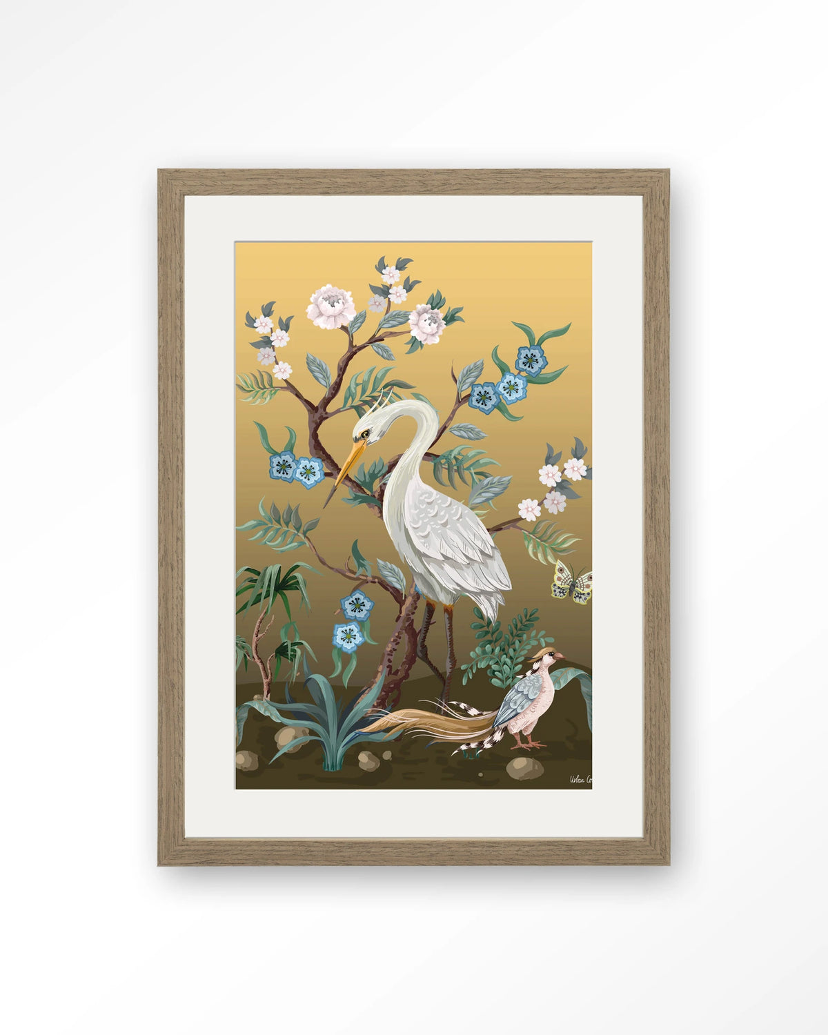 Birds – reiger en fazant in chinoiserie-stijl – Art print – Hout bruin + passe-partout