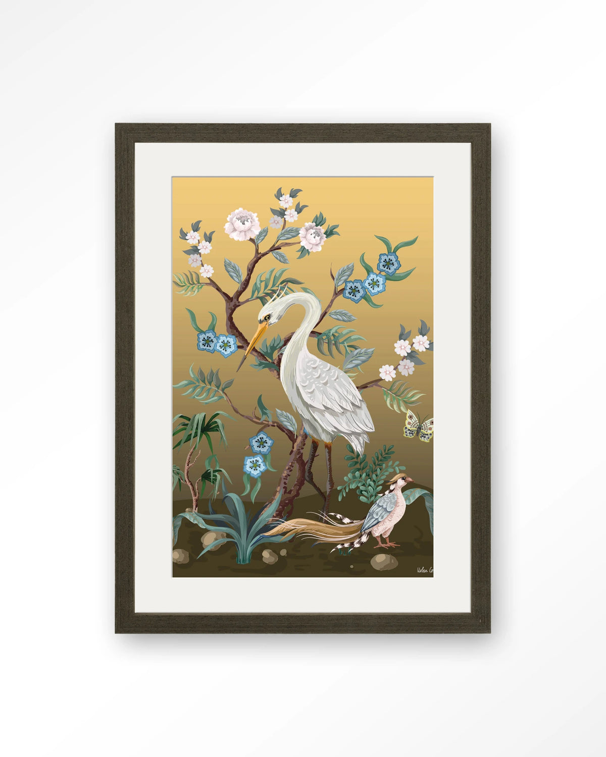 Birds – reiger en fazant in chinoiserie-stijl – Art print – Hout donkerbruin + passe-partout