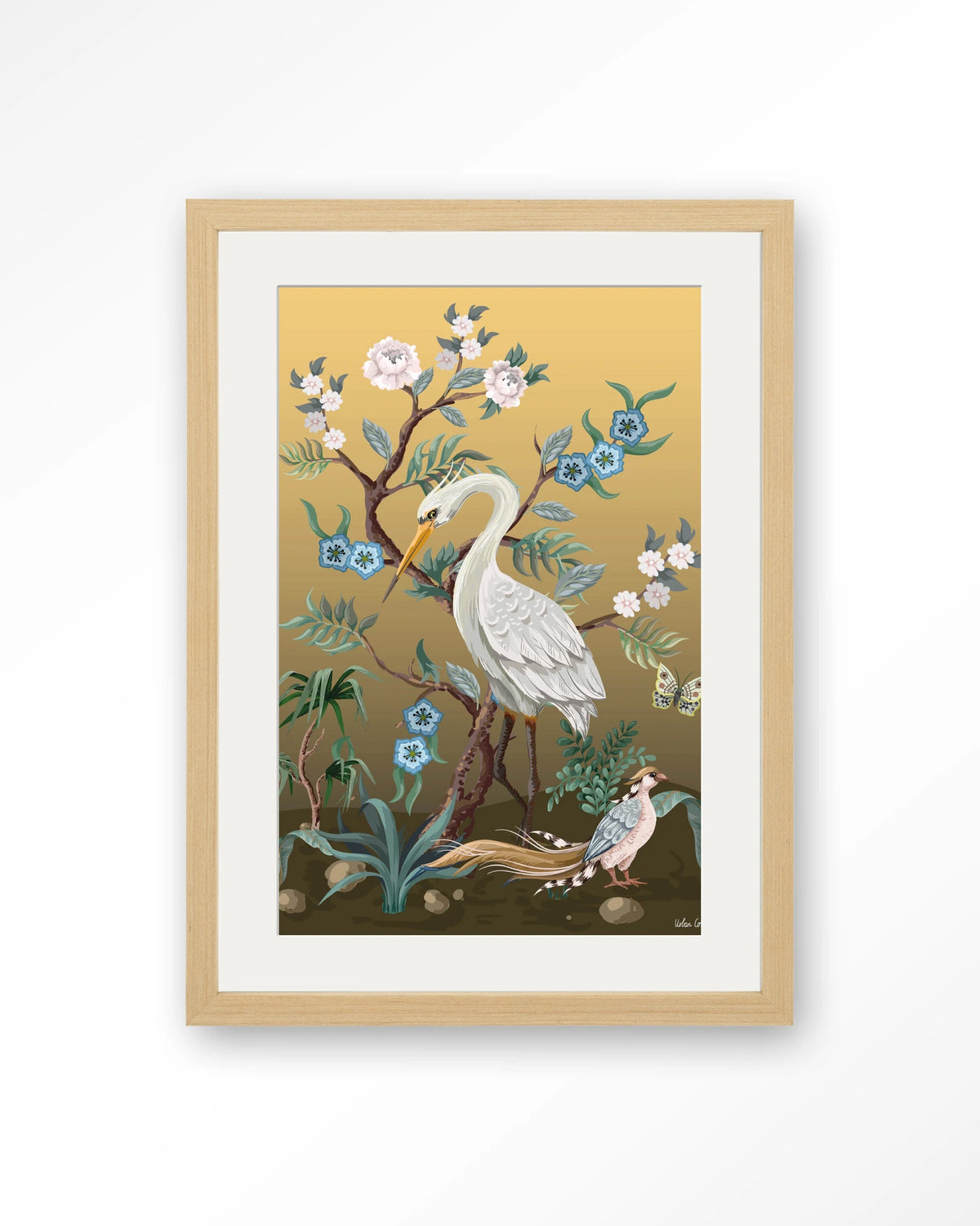 Birds – reiger en fazant in chinoiserie-stijl – Art print – Hout naturel + passe-partout