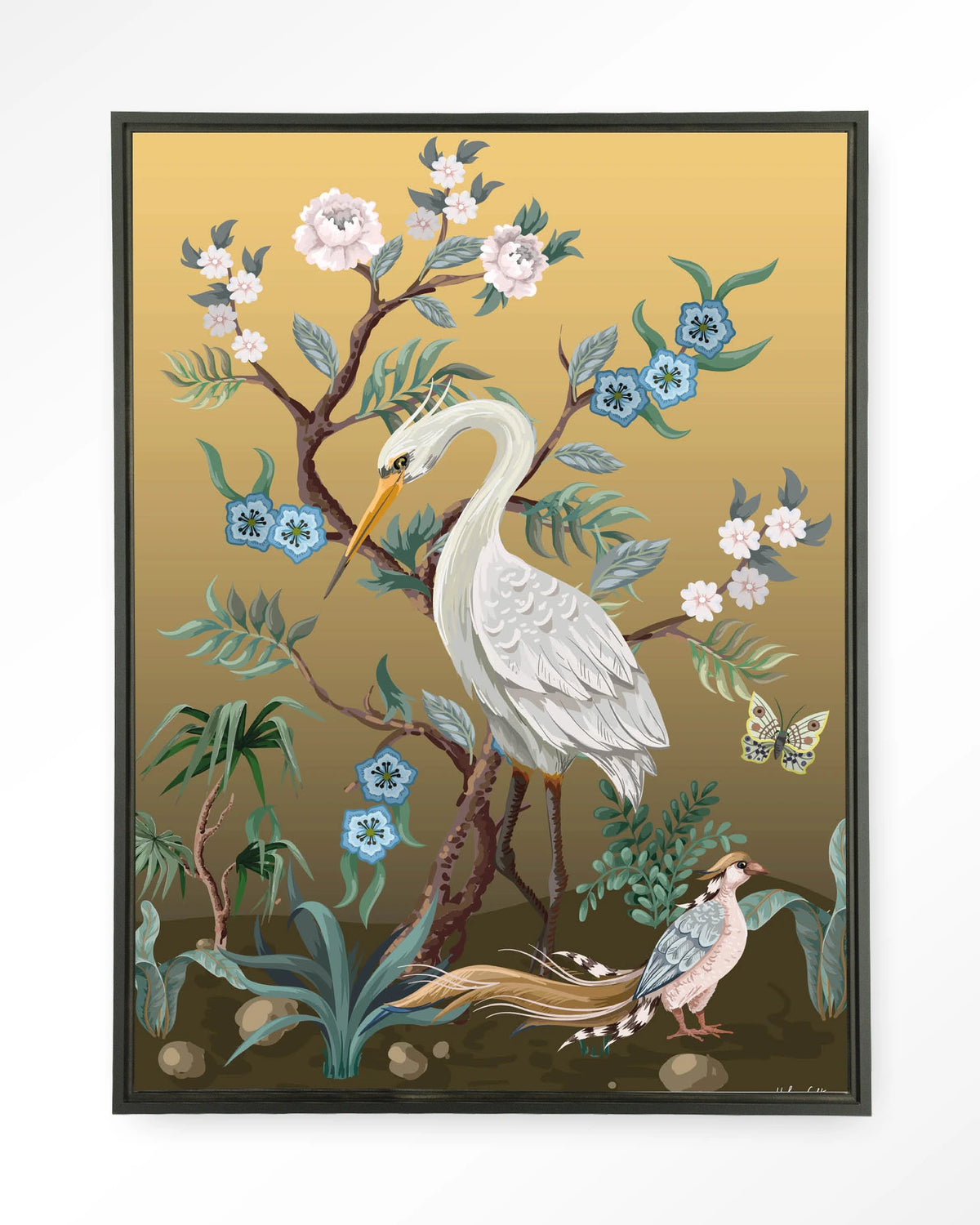 Birds – reiger en fazant in chinoiserie-stijl – Wandkleed – Floating frame – zwart