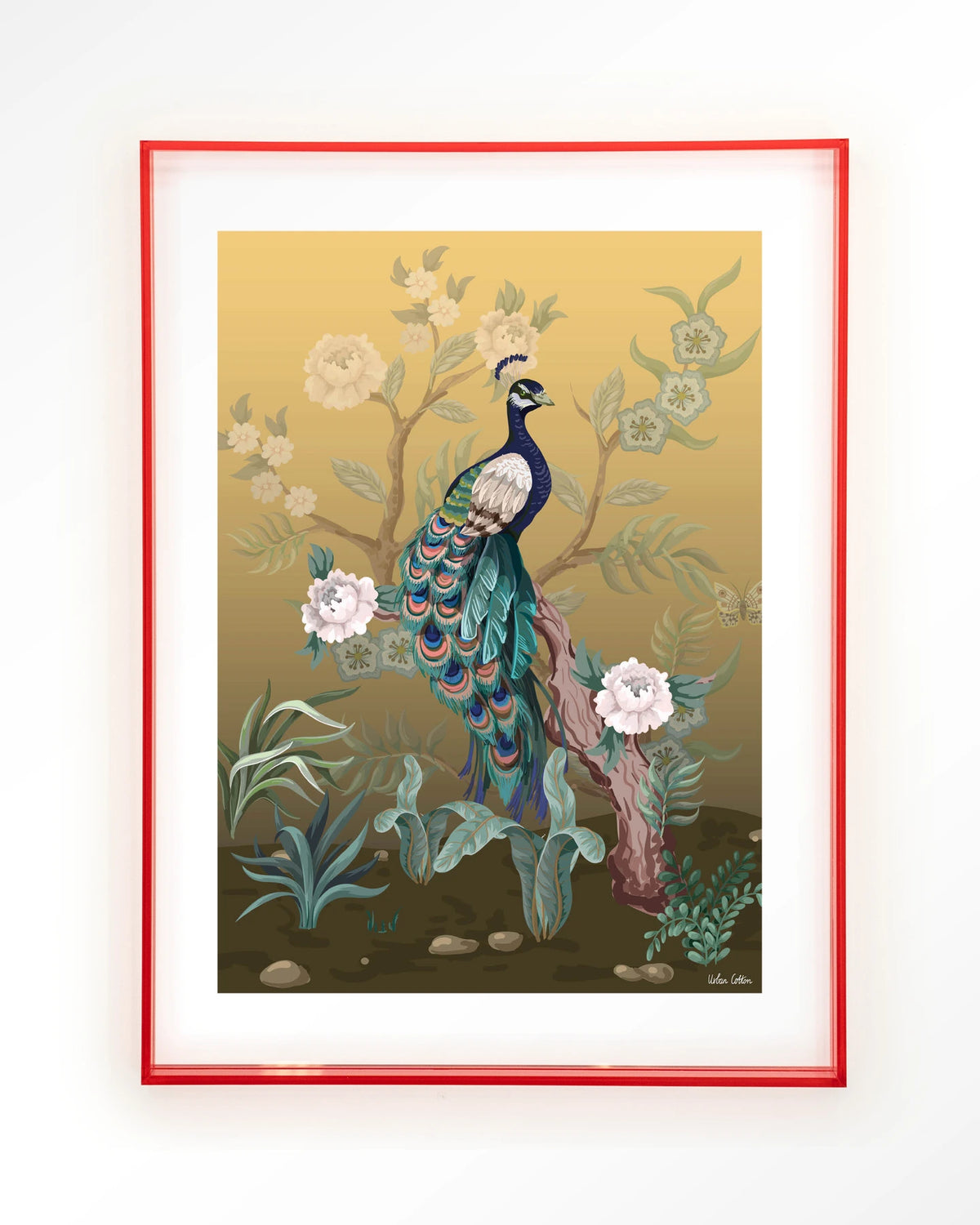 Peacock – pauw in chinoiserie-stijl – Art print – Acryl roze