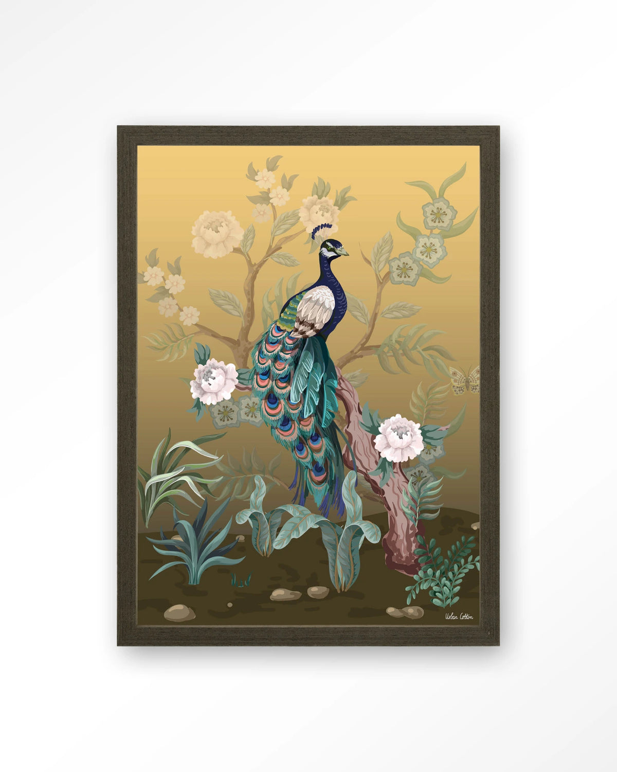 Peacock – pauw in chinoiserie-stijl – Art print – Hout donkerbruin