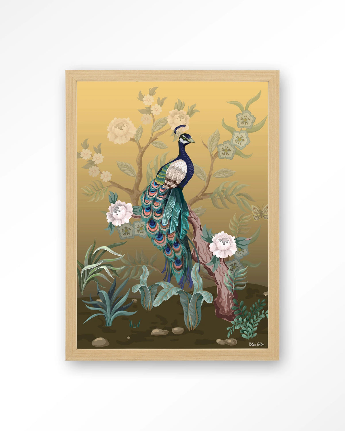Peacock – pauw in chinoiserie-stijl – Art print – Hout naturel