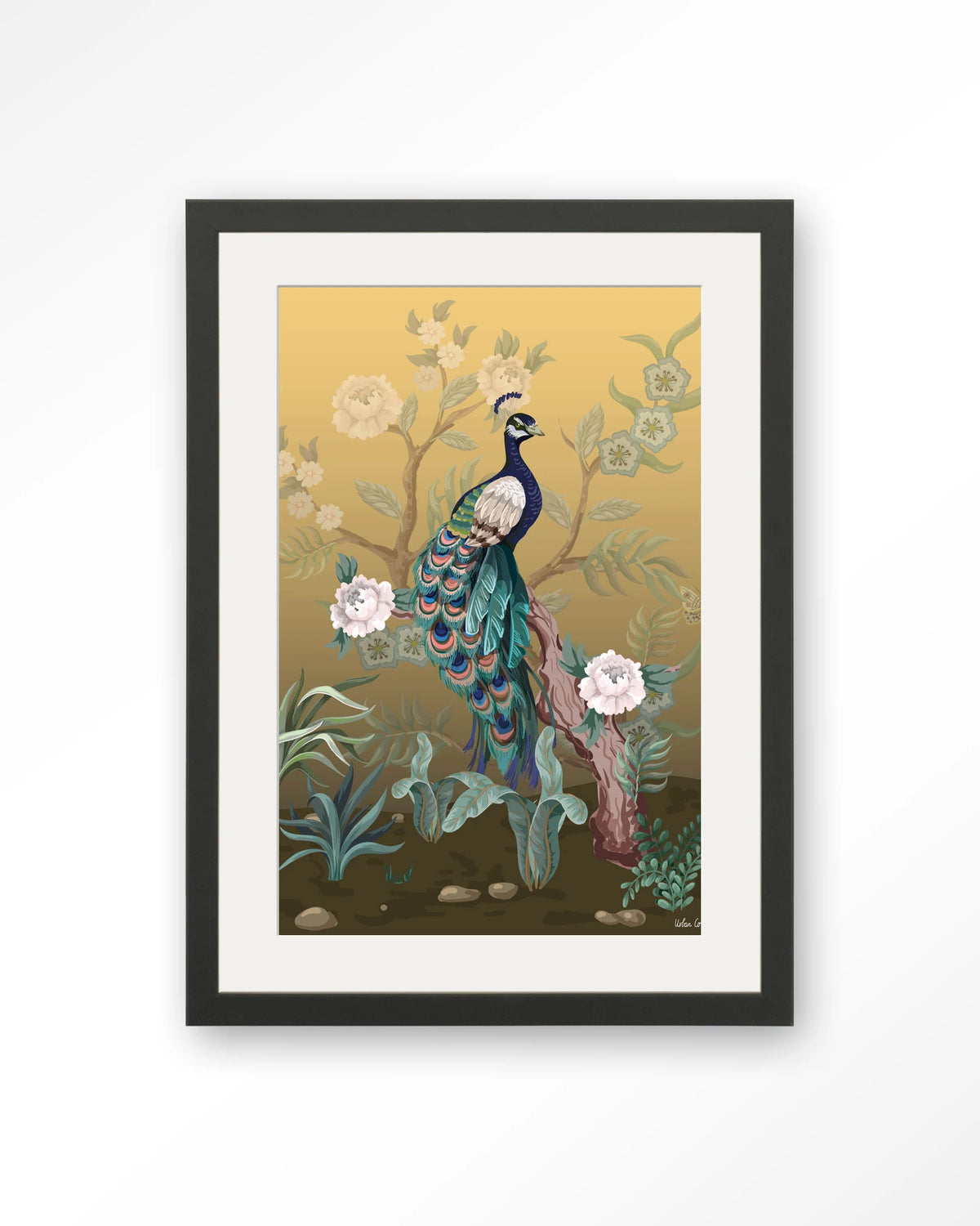 Peacock – pauw in chinoiserie-stijl – Art print – Hout zwart + passe-partout