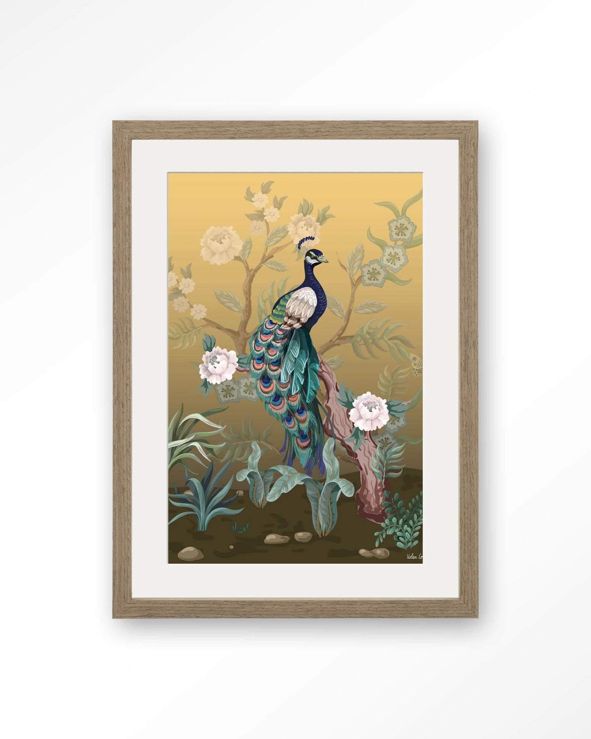 Peacock – pauw in chinoiserie-stijl – Art print – Hout bruin + passe-partout