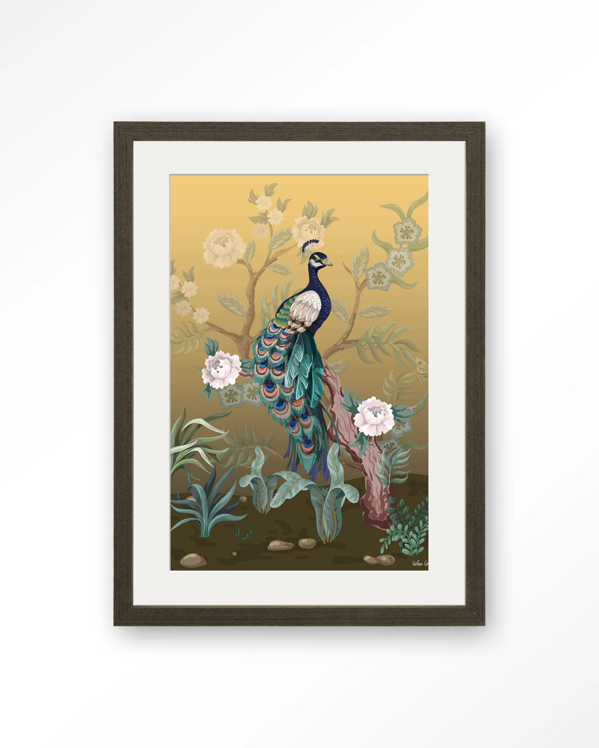 Peacock – pauw in chinoiserie-stijl – Art print – Hout donkerbruin + passe-partout
