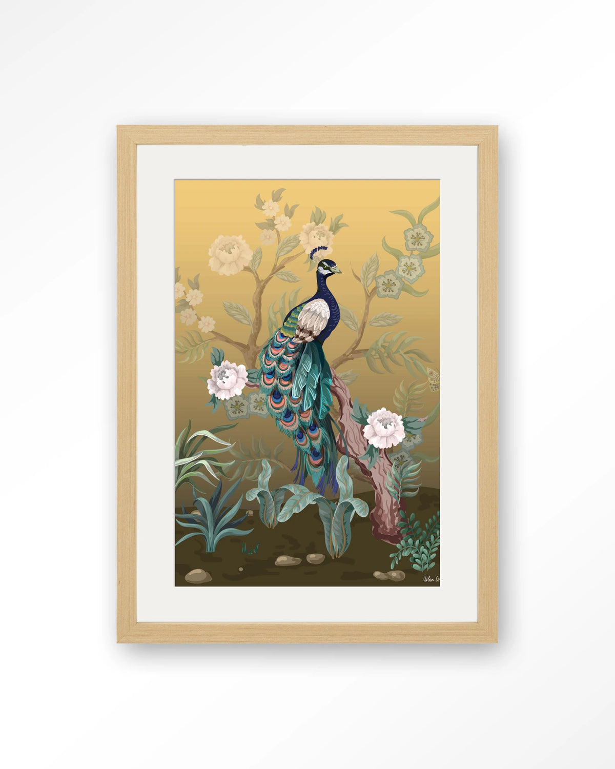 Peacock – pauw in chinoiserie-stijl – Art print – Hout naturel + passe-partout