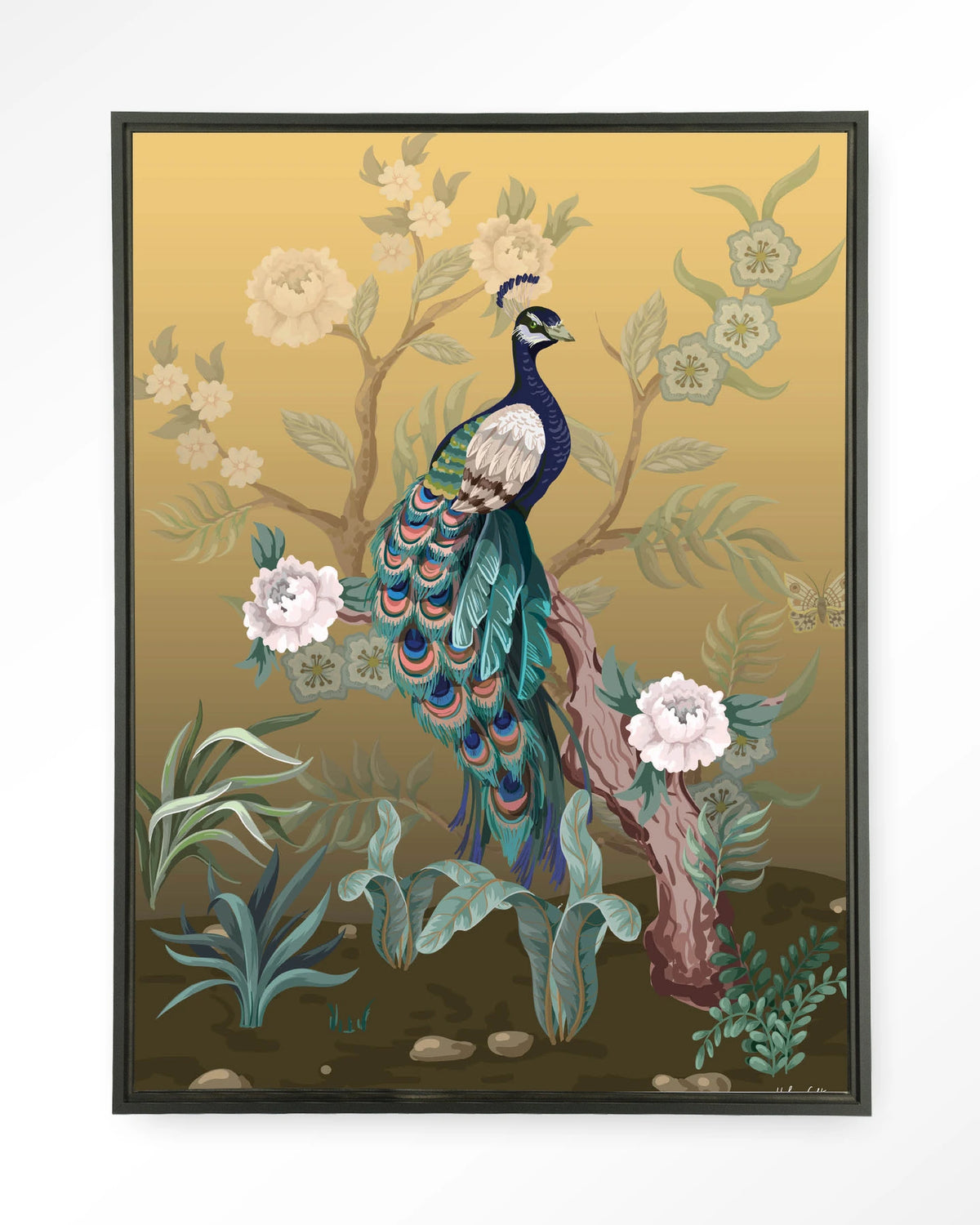 Peacock – pauw in chinoiserie-stijl – Wandkleed – Floating frame – zwart