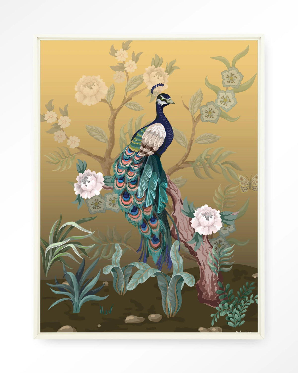 Peacock – pauw in chinoiserie-stijl – Wandkleed – Floating frame – wit