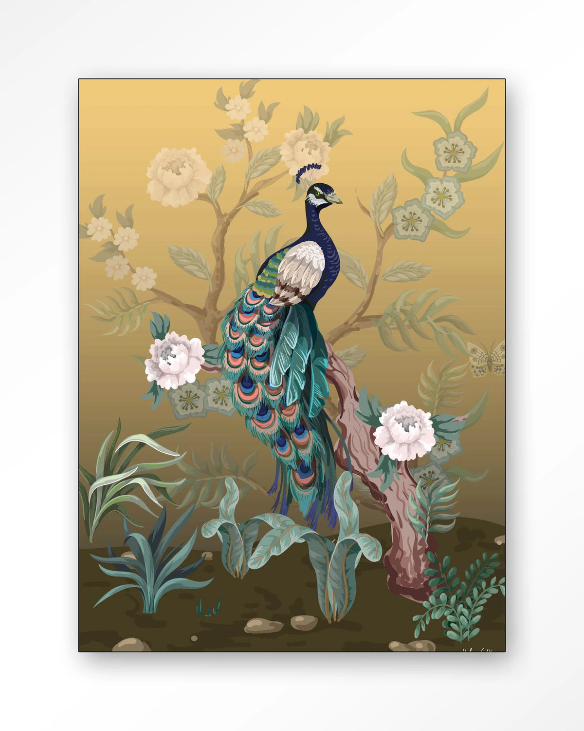 Peacock – pauw in chinoiserie-stijl – Wandkleed – Frame – zwart