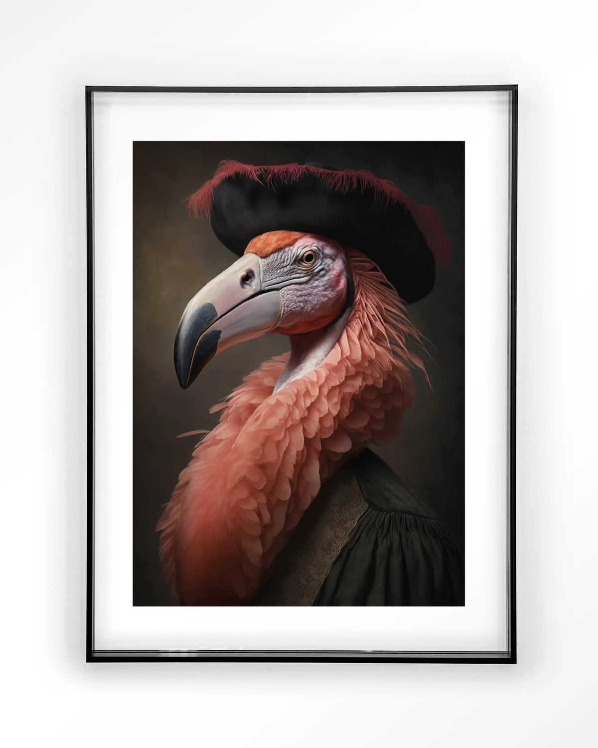 Flamingo – flamingo met hoed in klassiek portret – Art print – Acryl zwart