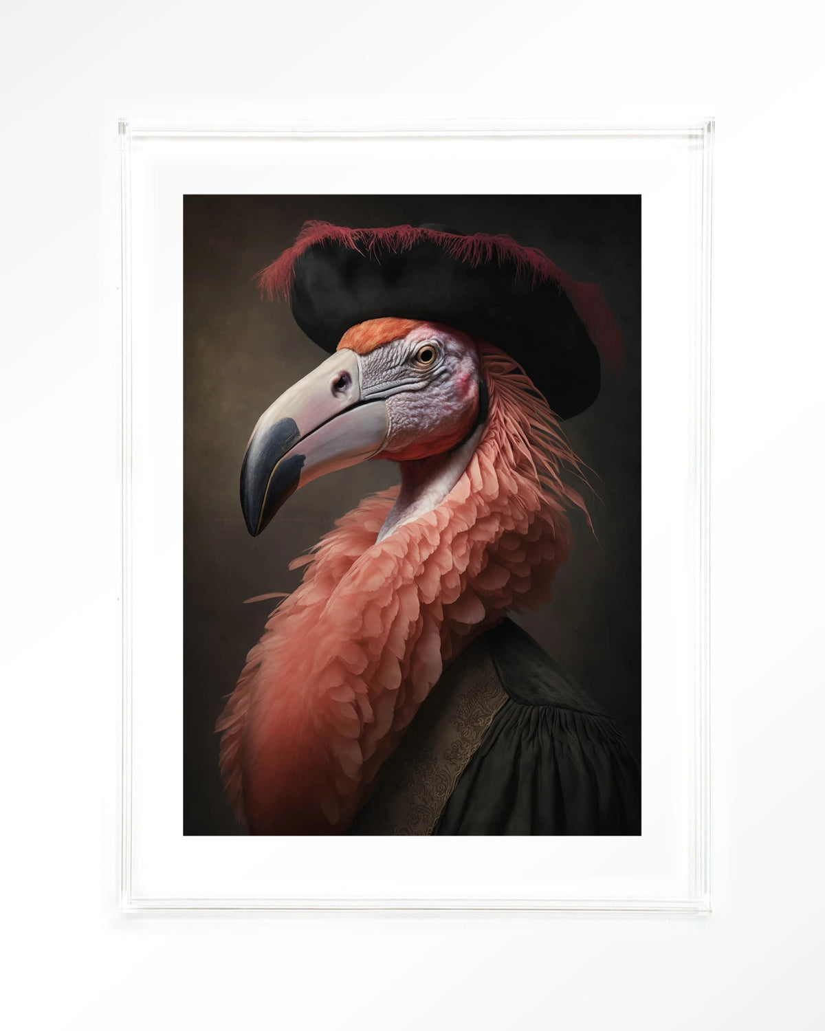 Flamingo – flamingo met hoed in klassiek portret – Art print – Acryl doorzichtig