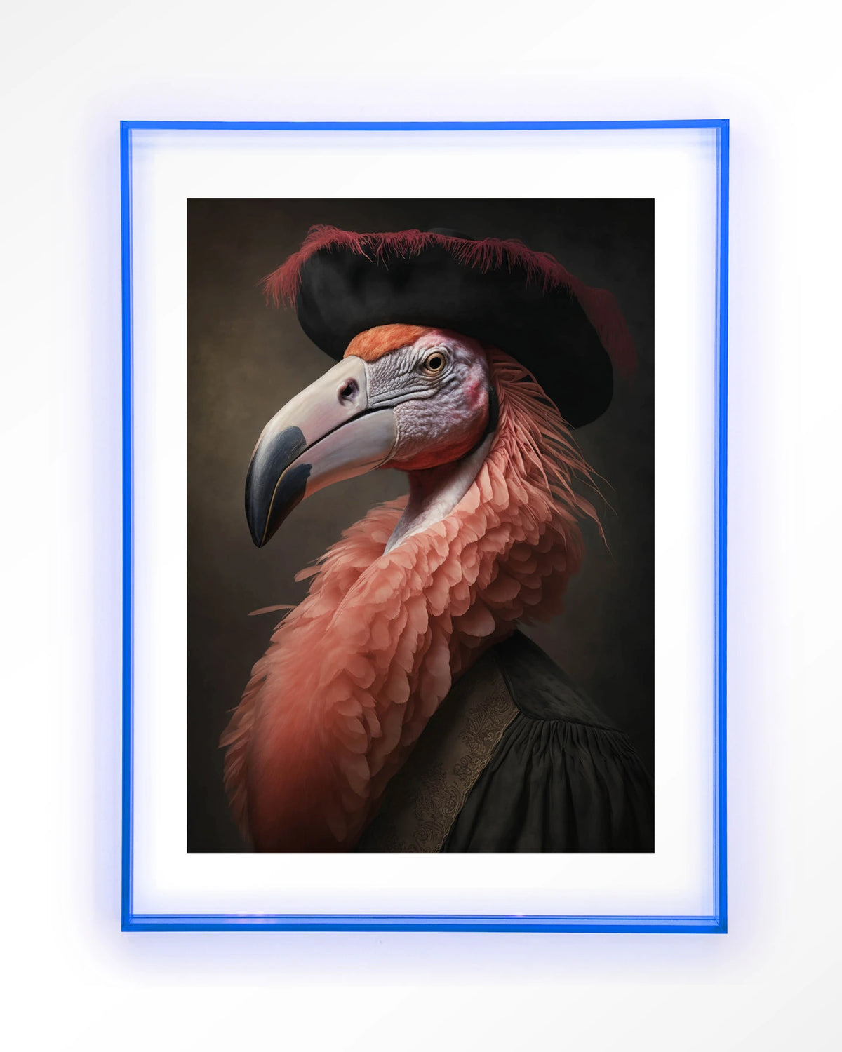 Flamingo – flamingo met hoed in klassiek portret – Art print – Acryl lichtblauw
