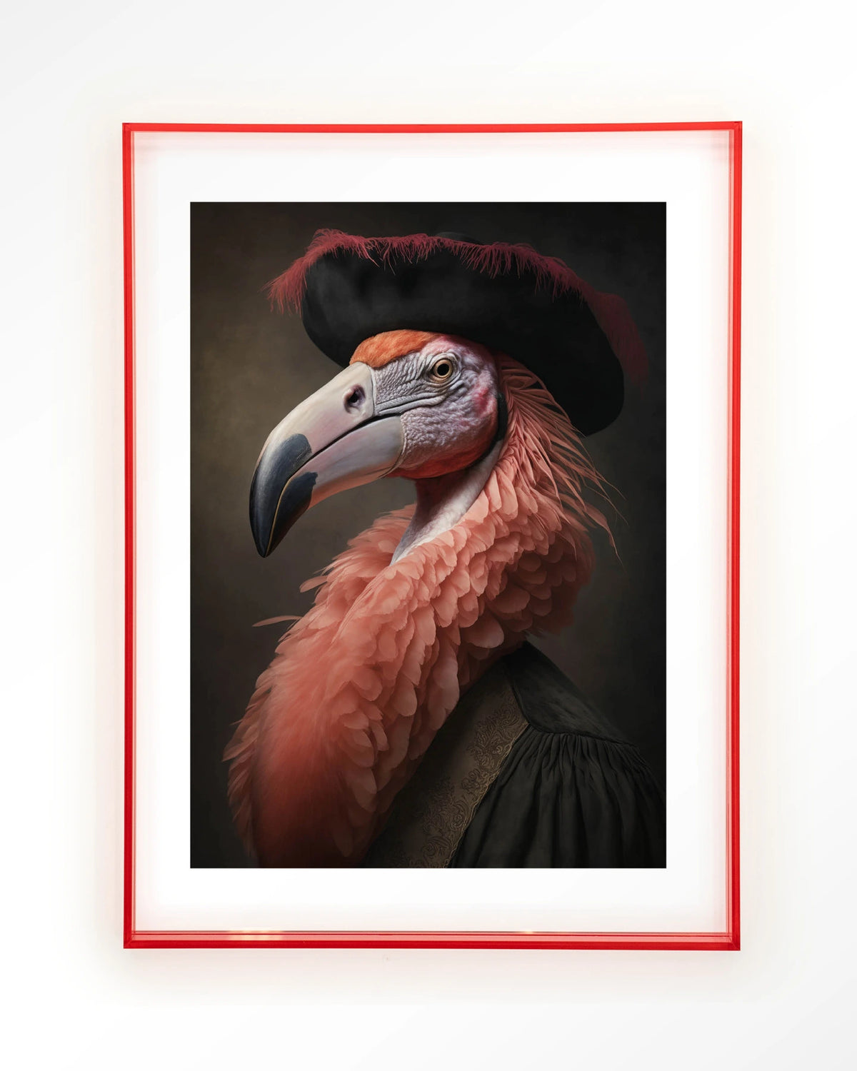 Flamingo – flamingo met hoed in klassiek portret – Art print – Acryl roze