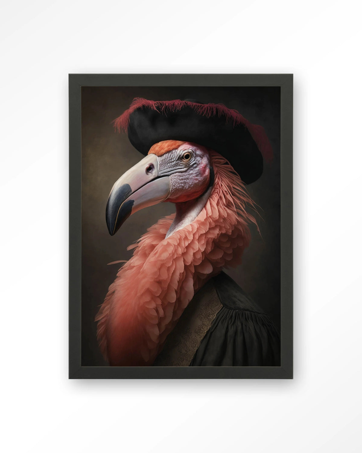Flamingo – flamingo met hoed in klassiek portret – Art print – Hout zwart