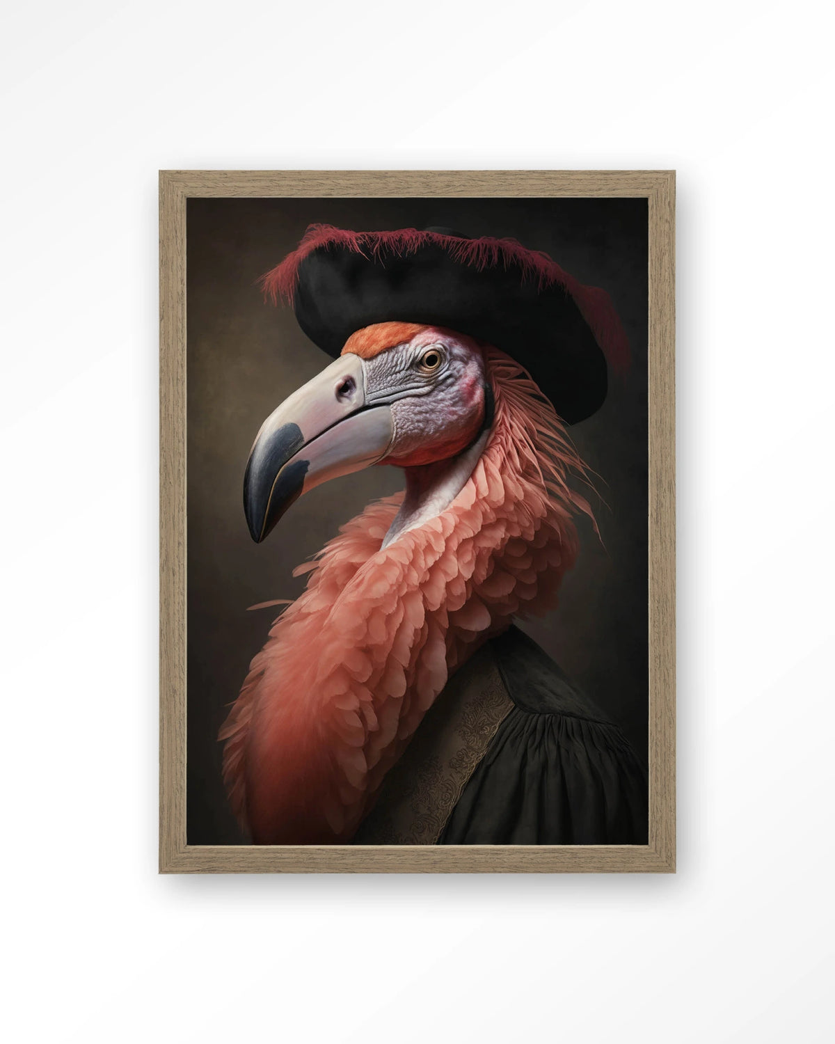 Flamingo – flamingo met hoed in klassiek portret – Art print – Hout bruin