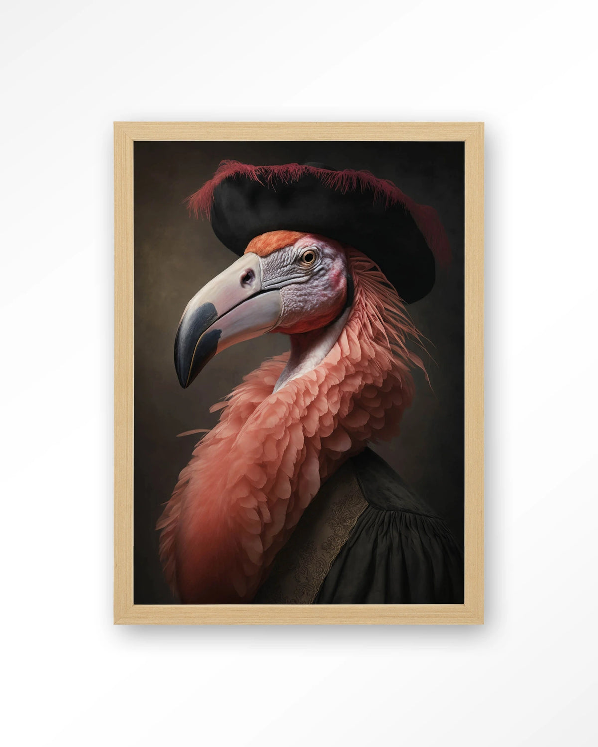 Flamingo – flamingo met hoed in klassiek portret – Art print – Hout naturel
