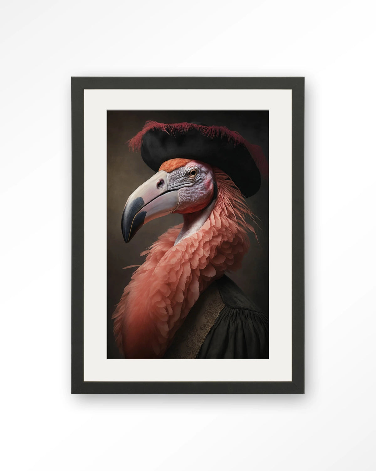 Flamingo – flamingo met hoed in klassiek portret – Art print – Hout zwart + passe-partout