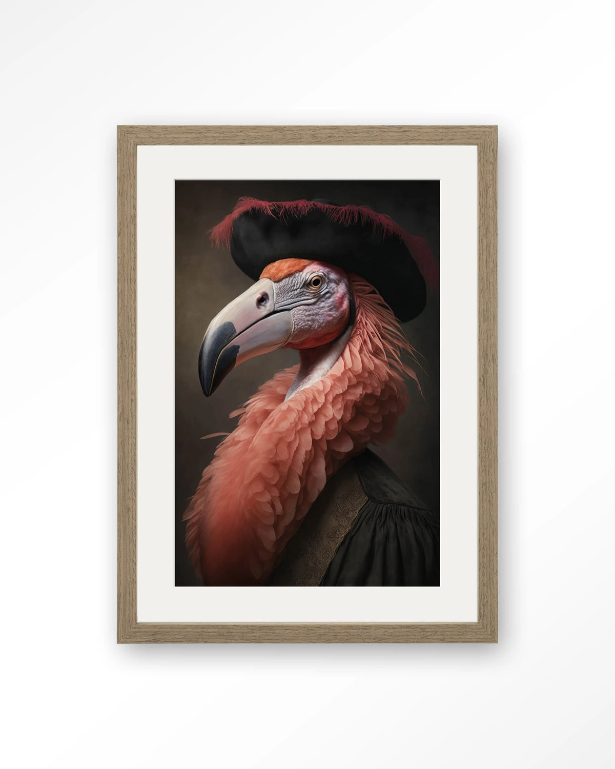 Flamingo – flamingo met hoed in klassiek portret – Art print – Hout bruin + passe-partout