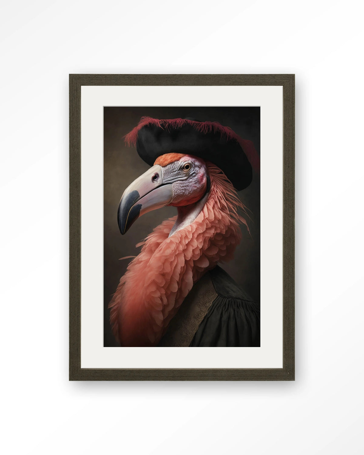 Flamingo – flamingo met hoed in klassiek portret – Art print – Hout donkerbruin + passe-partout
