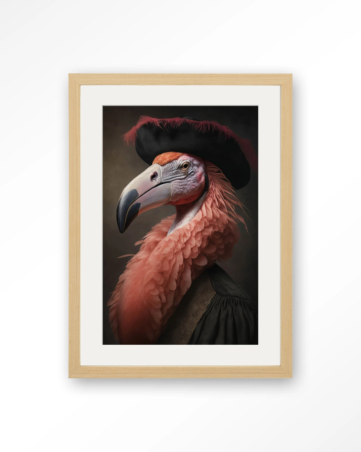 Flamingo – flamingo met hoed in klassiek portret – Art print – Hout naturel + passe-partout