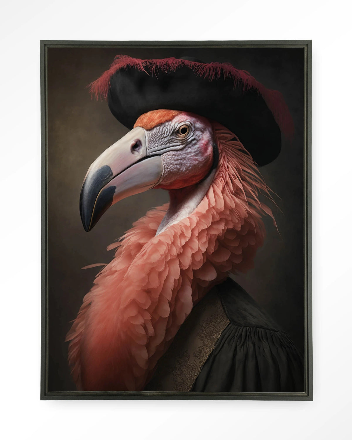 Flamingo – flamingo met hoed in klassiek portret – Wandkleed – Floating frame – zwart