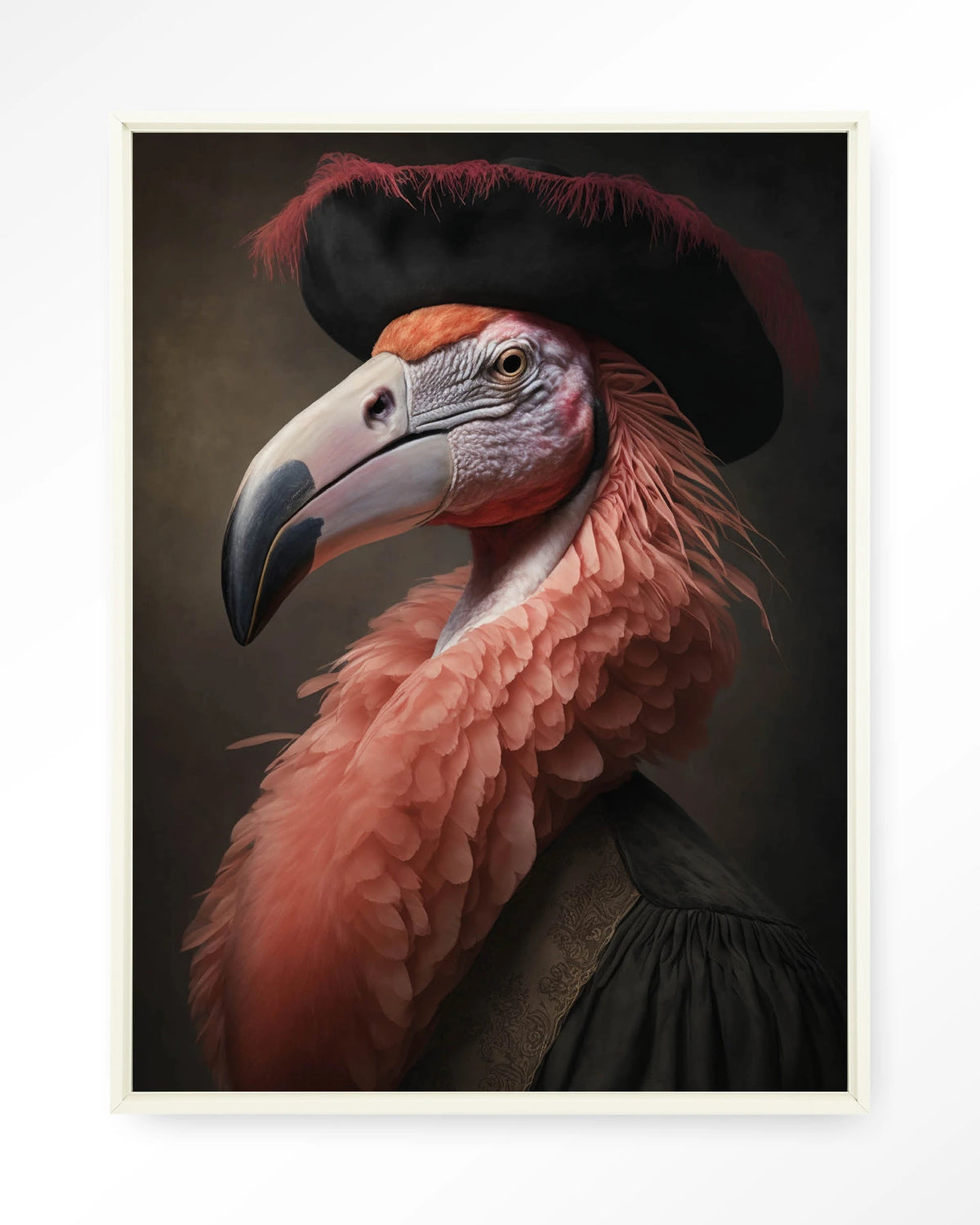 Flamingo – flamingo met hoed in klassiek portret – Wandkleed – Floating frame – wit