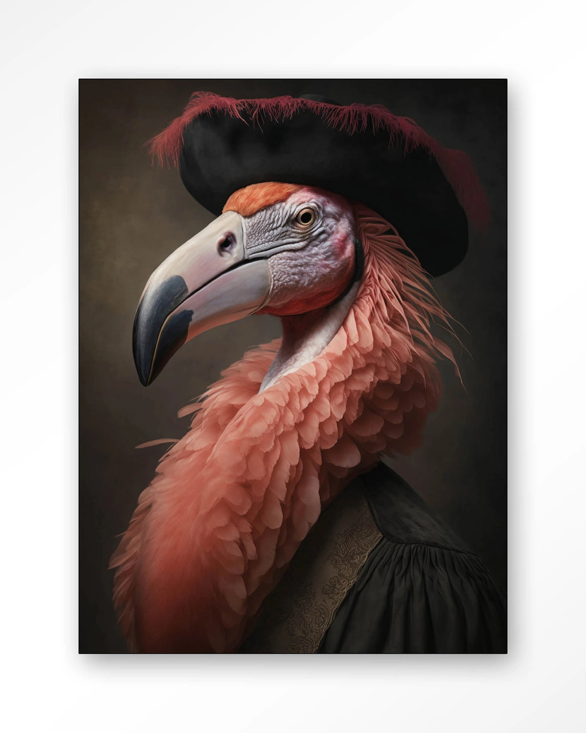Flamingo – flamingo met hoed in klassiek portret – Wandkleed – Frame – zwart