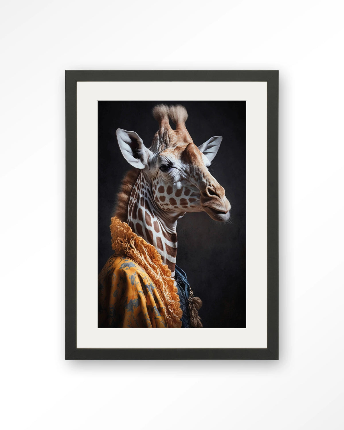 Giraffe – giraffe in kleurrijke jas – Art print – Hout zwart + passe-partout