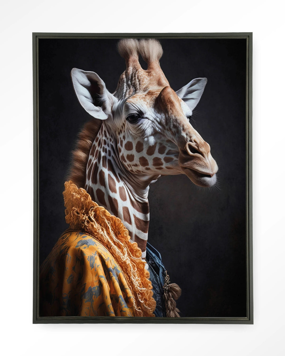 Giraffe – giraffe in kleurrijke jas – Wandkleed – Floating frame – zwart
