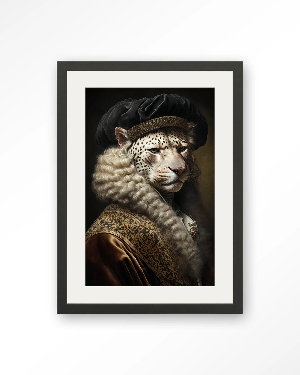 Snow Leopard – sneeuwluipaard in klassiek portret – Art print – Hout zwart + passe-partout