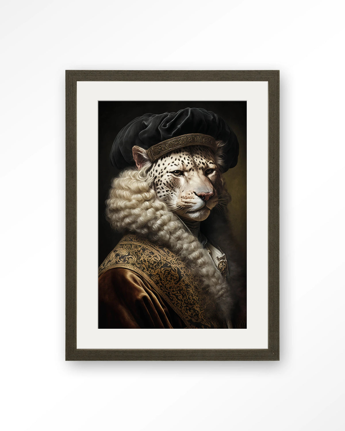 Snow Leopard – sneeuwluipaard in klassiek portret – Art print – Hout donkerbruin + passe-partout