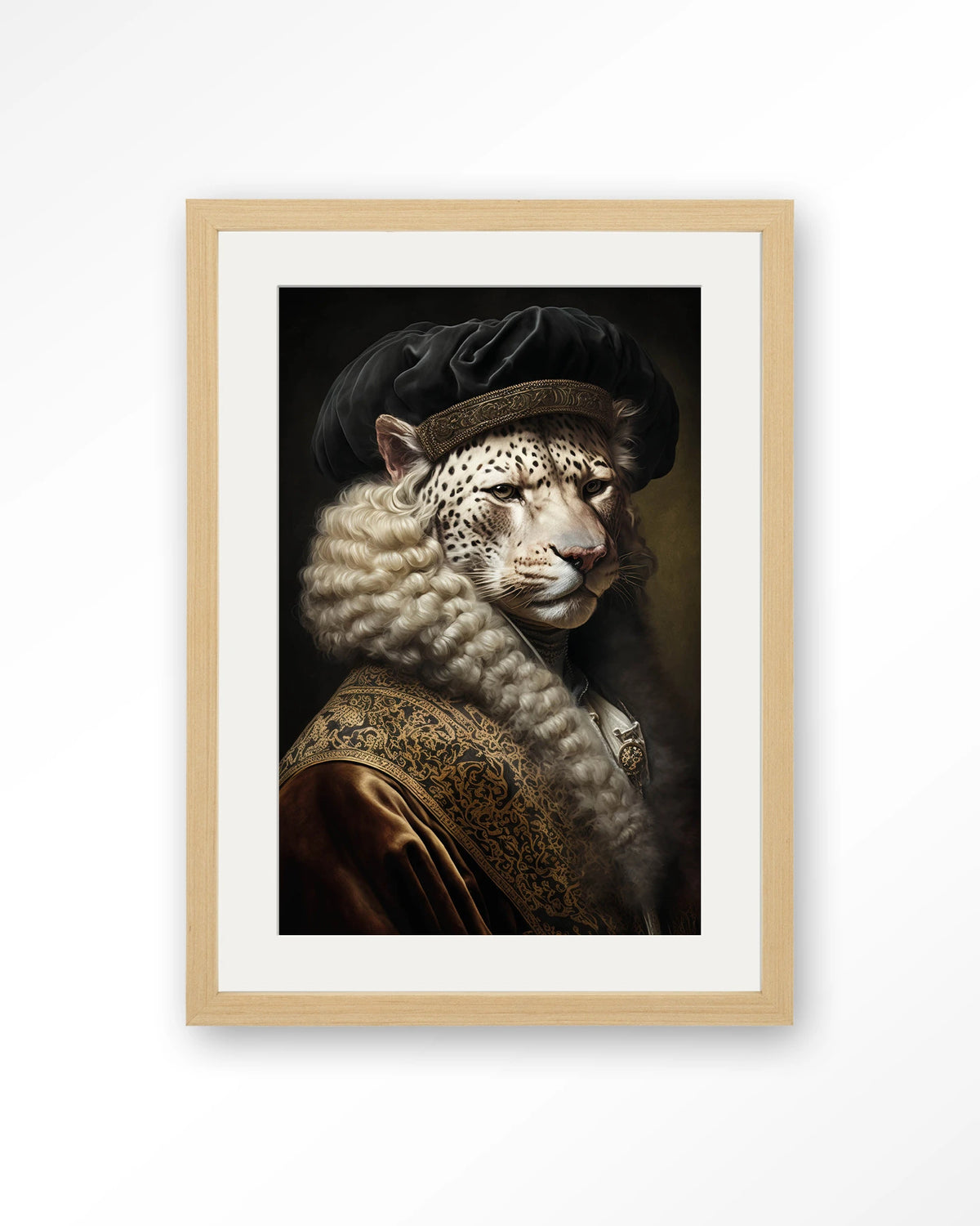 Snow Leopard – sneeuwluipaard in klassiek portret – Art print – Hout naturel + passe-partout