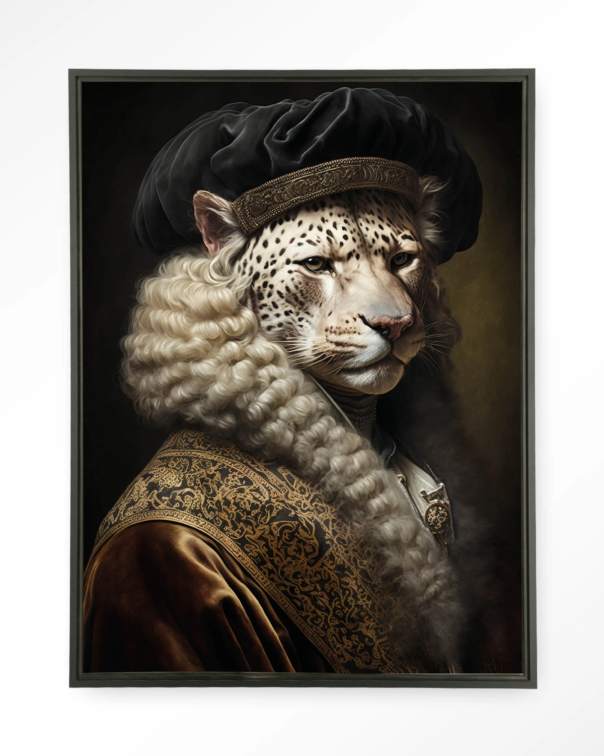 Snow Leopard – sneeuwluipaard in klassiek portret – Wandkleed – Floating frame – zwart
