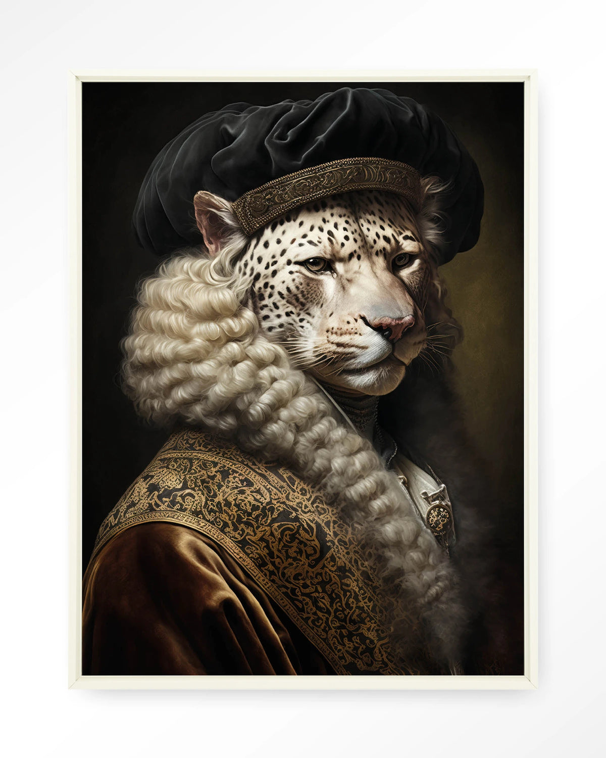 Snow Leopard – sneeuwluipaard in klassiek portret – Wandkleed – Floating frame – wit