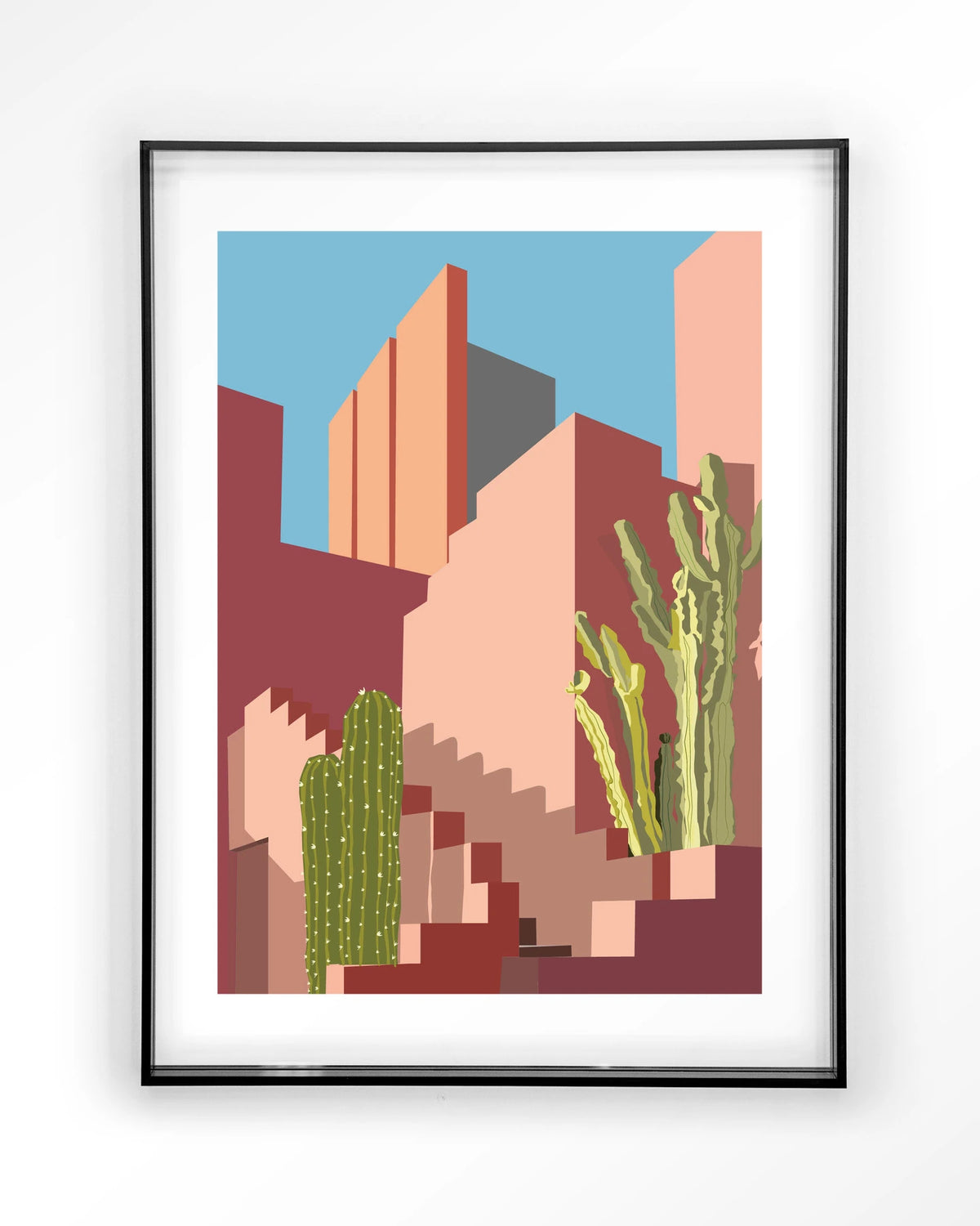 Botanical Stairs – stad in roze met cactussen – Art print – Acryl zwart