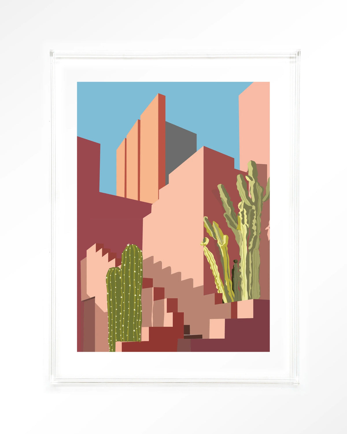 Botanical Stairs – stad in roze met cactussen – Art print – Acryl doorzichtig