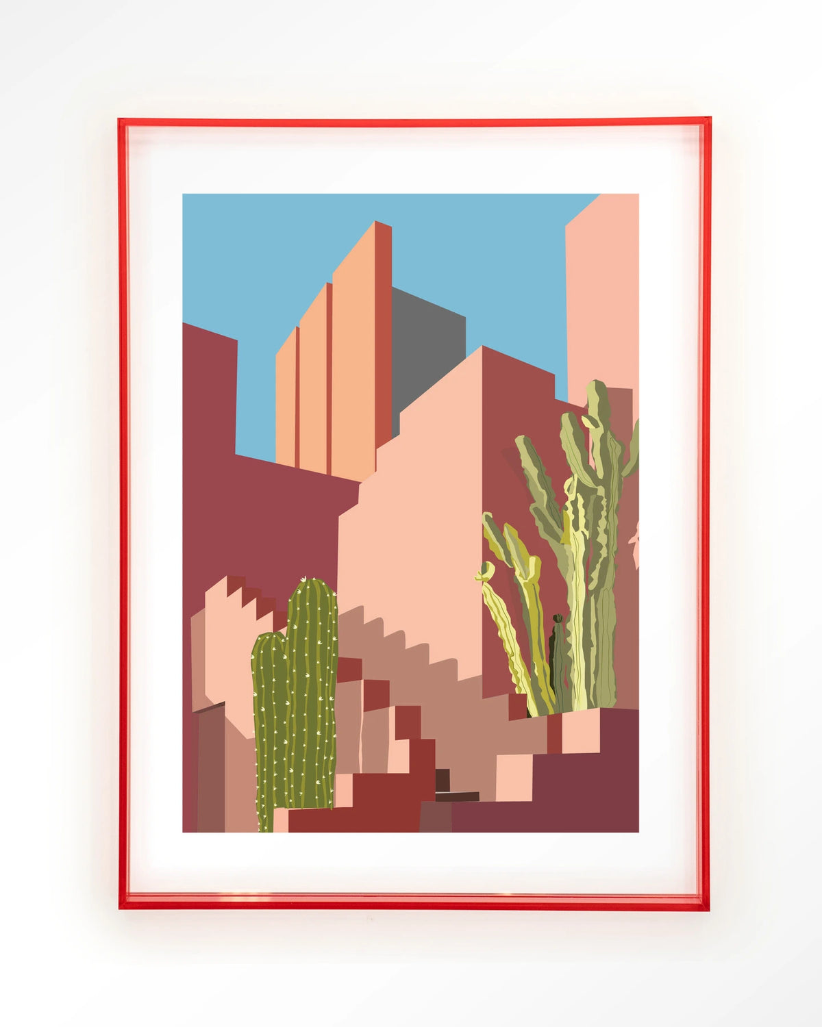 Botanical Stairs – stad in roze met cactussen – Art print – Acryl roze