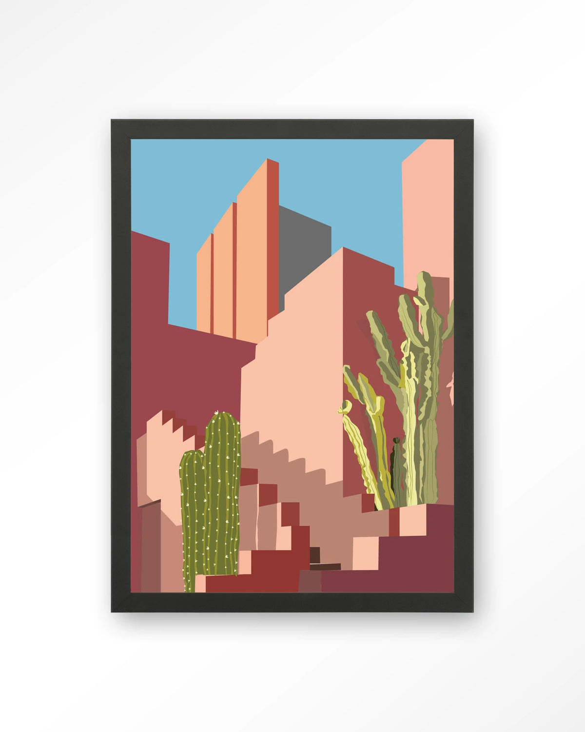 Botanical Stairs – stad in roze met cactussen – Art print – Hout zwart