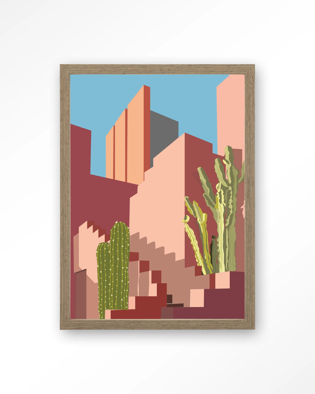 Botanical Stairs – stad in roze met cactussen – Art print – Hout bruin