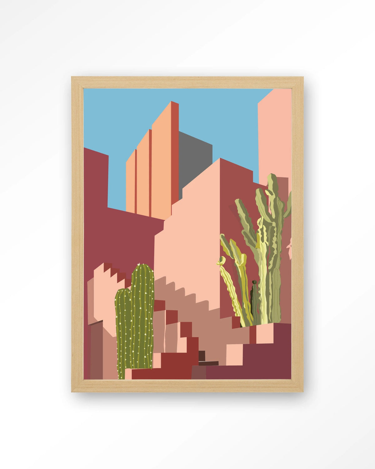 Botanical Stairs – stad in roze met cactussen – Art print – Hout naturel
