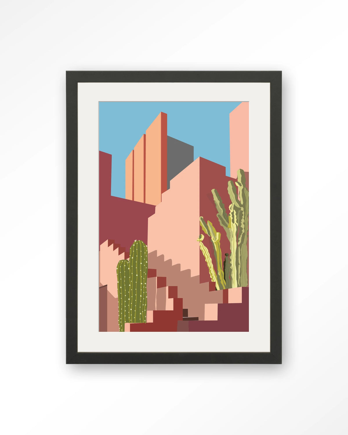 Botanical Stairs – stad in roze met cactussen – Art print – Hout zwart + passe-partout