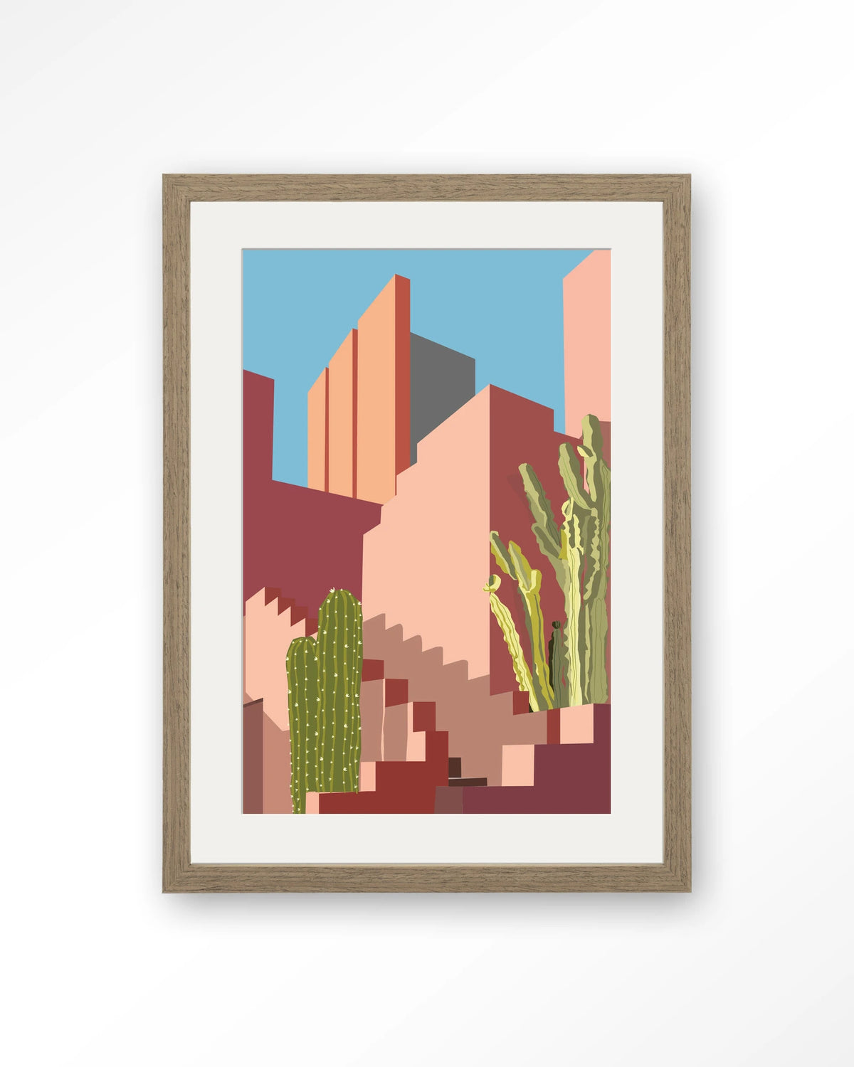 Botanical Stairs – stad in roze met cactussen – Art print – Hout bruin + passe-partout