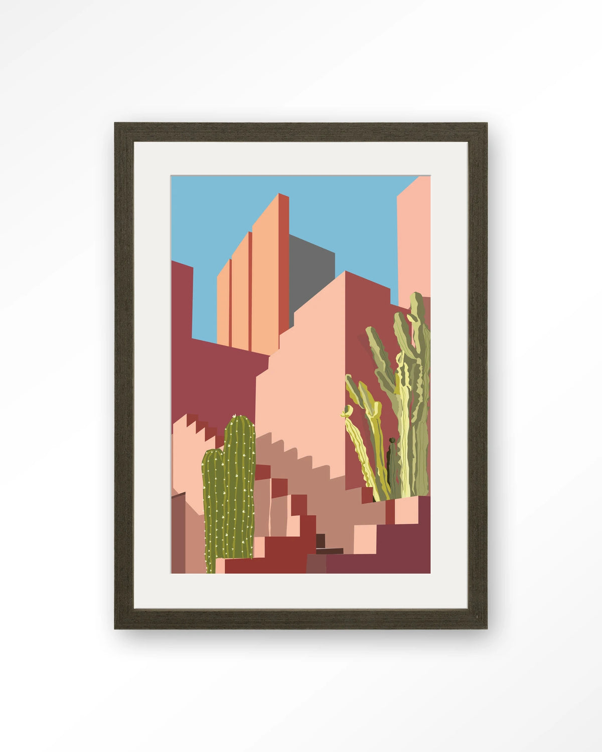 Botanical Stairs – stad in roze met cactussen – Art print – Hout donkerbruin + passe-partout