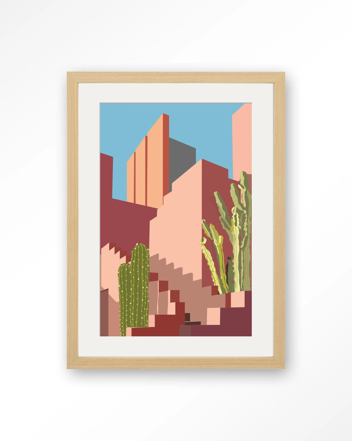 Botanical Stairs – stad in roze met cactussen – Art print – Hout naturel + passe-partout