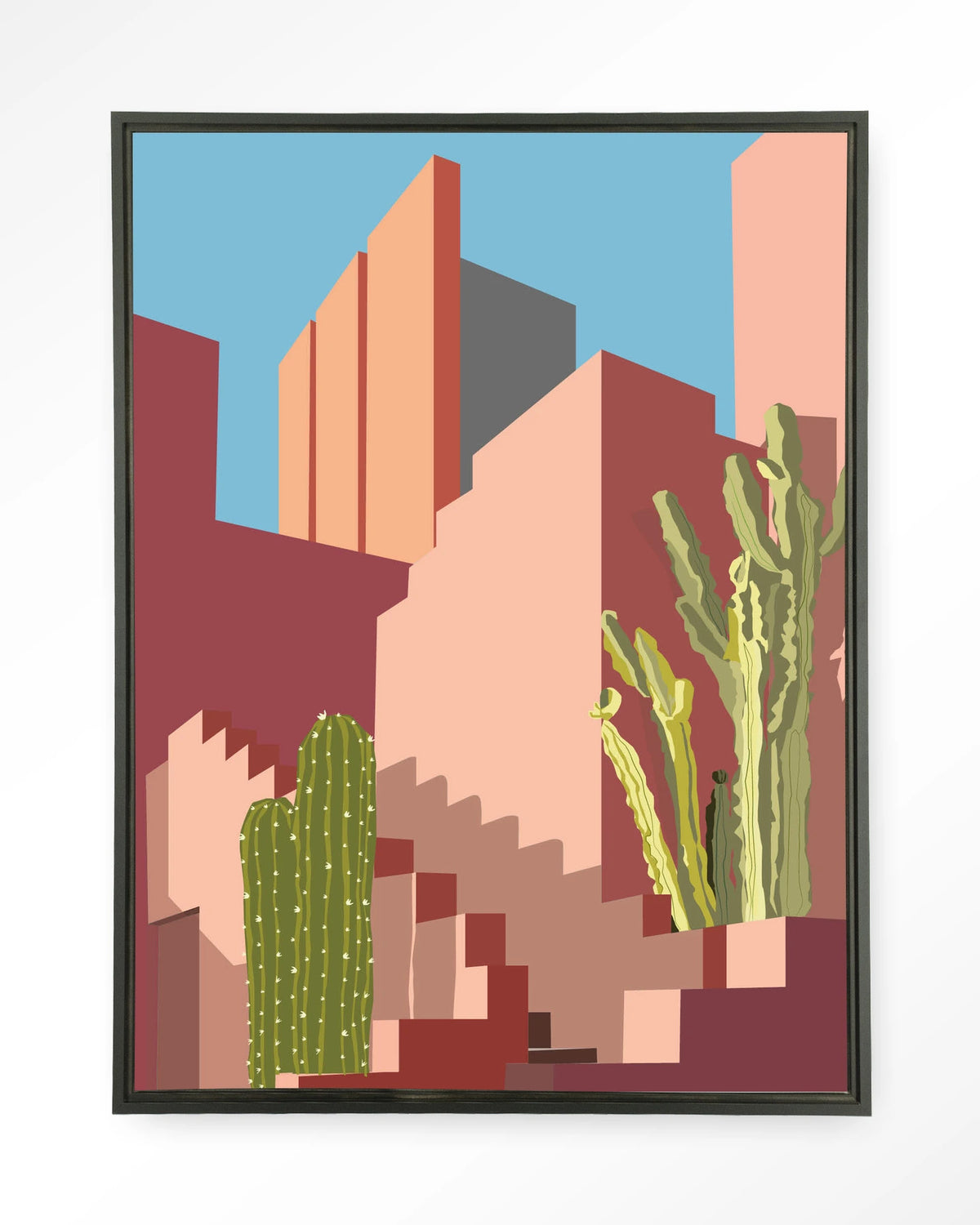 Botanical Stairs – stad in roze met cactussen – Wandkleed – Floating frame – zwart